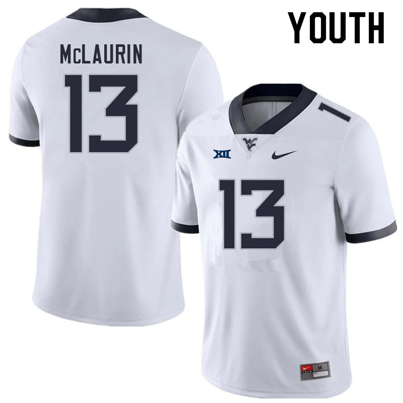 Youth #13 Hershey McLaurin West Virginia Mountaineers College Football Jerseys Sale-White - Click Image to Close